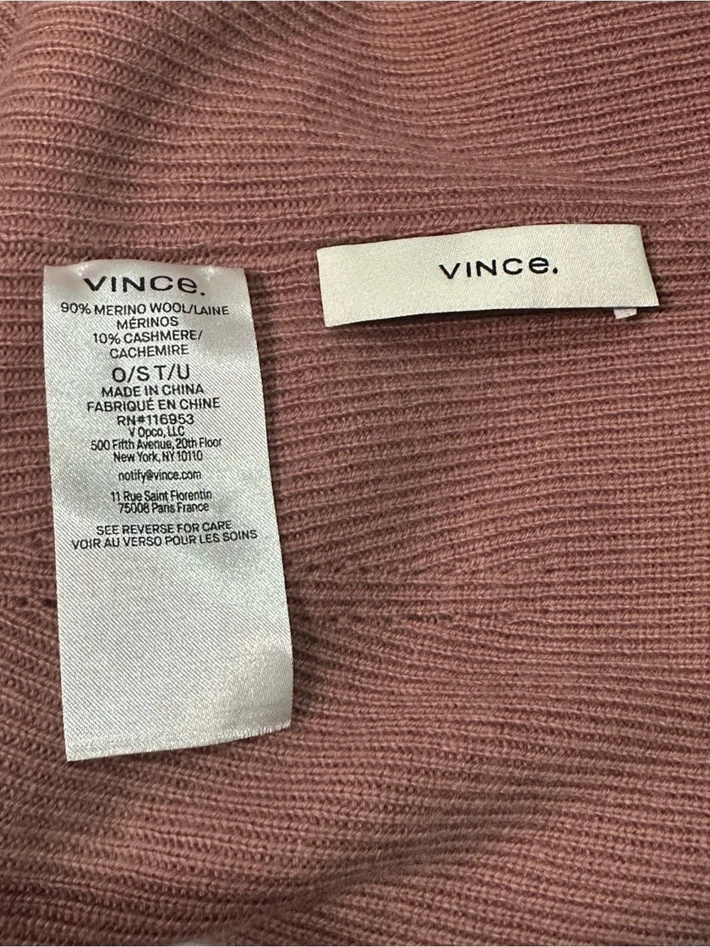 VINCE Wool Cashmere Rib Knit Beanie Hat Embroidered Logo Cuff NEW One Size Mauve